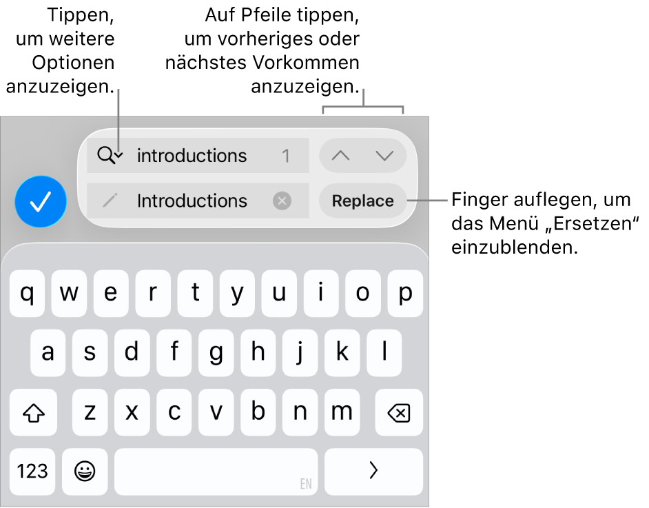 Die Steuerelemente „Suchen & Ersetzen“ über der Tastatur mit Beschreibungen zur Taste für Suchoptionen, zur Taste „Ersetzen“ und zu den Aufwärts- und Abwärts-Tasten.