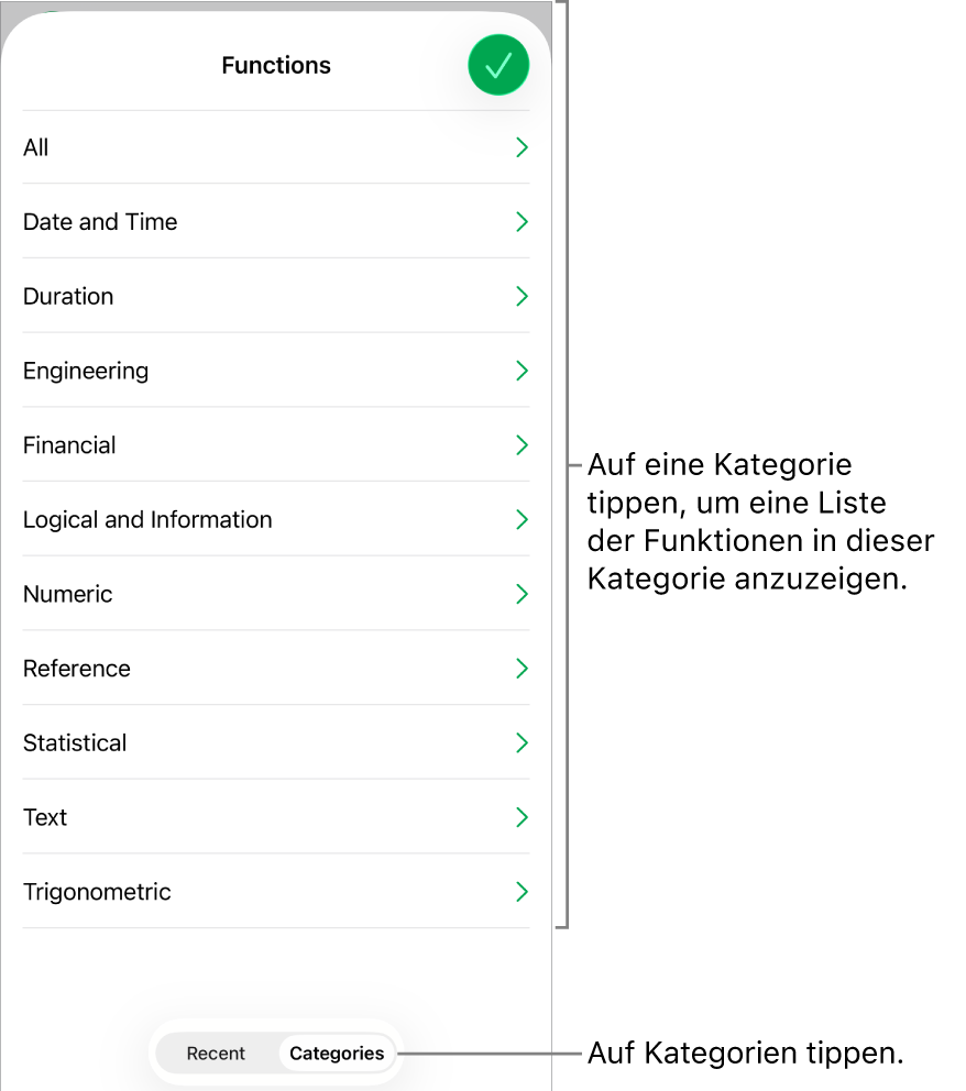 Die Funktionsübersicht mit ausgewählter Taste „Kategorien“, darunter befindet sich die Liste der Kategorien.