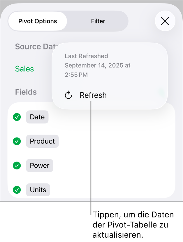 Das Menü „Pivot-Optionen“ mit der Option zum Aktualisieren der Pivot-Tabelle