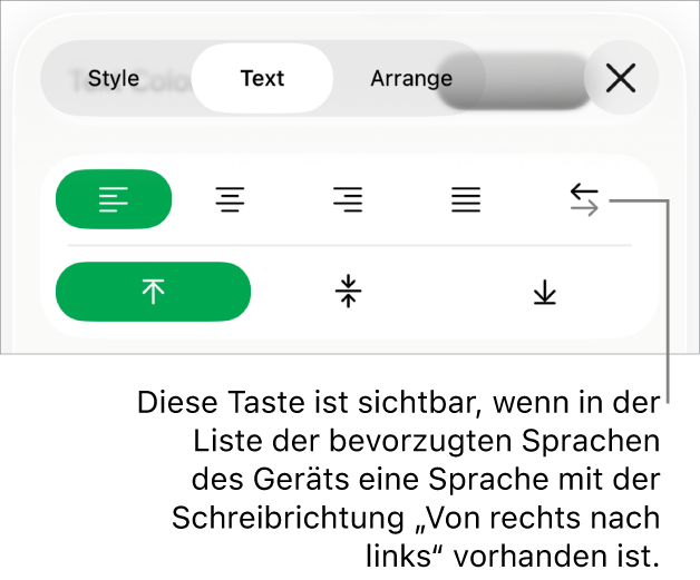 Der Abschnitt „Stil“ des Menüs „Format“ mit einer Beschreibung der Taste „Von rechts nach links“