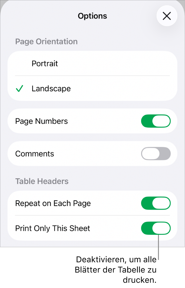 Druckoptionen zum Auswählen von Papierformat, Anzeigen von Seitenzahlen und Tabellentiteln und Auswählen der Papiergröße und welche Seiten gedruckt werden sollen.