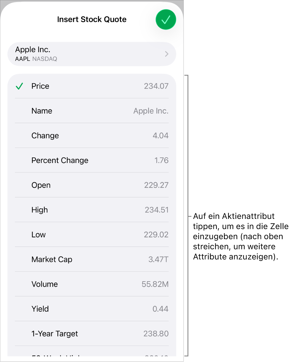 Das Popover „Aktienkurs“ mit dem Aktiennamen oben und den auswählbaren Aktienattributen, darunter aufgelistet sind u. a. der Kurs, der Name, die absolute und die prozentuale Änderung und der Eröffnungskurs.
