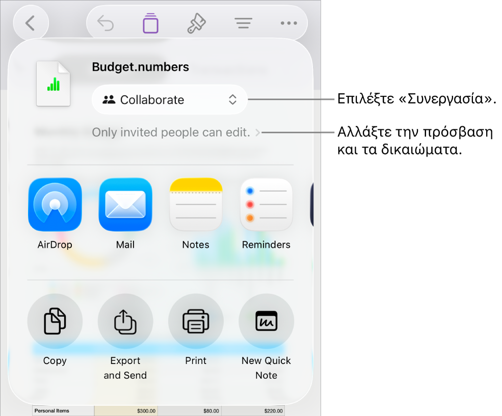 Το μενού «Κοινή χρήση» με επιλεγμένη τη «Συνεργασία» στο πάνω μέρος, και ρυθμίσεις πρόσβασης και δικαιωμάτων από κάτω.
