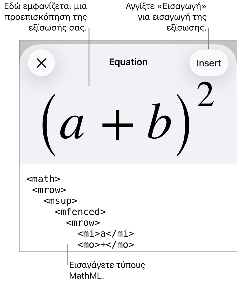 Το πλαίσιο διαλόγου «Εξίσωση», στο οποίο εμφανίζεται μια εξίσωση που έχει γραφεί με χρήση εντολών MathML και μια προεπισκόπηση του τύπου από πάνω.