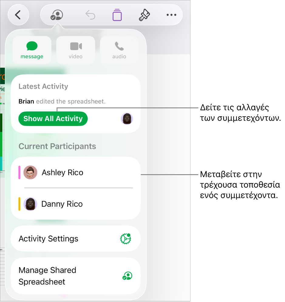 Το μενού συνεργασίας με τους τρέχοντες συμμετέχοντες.