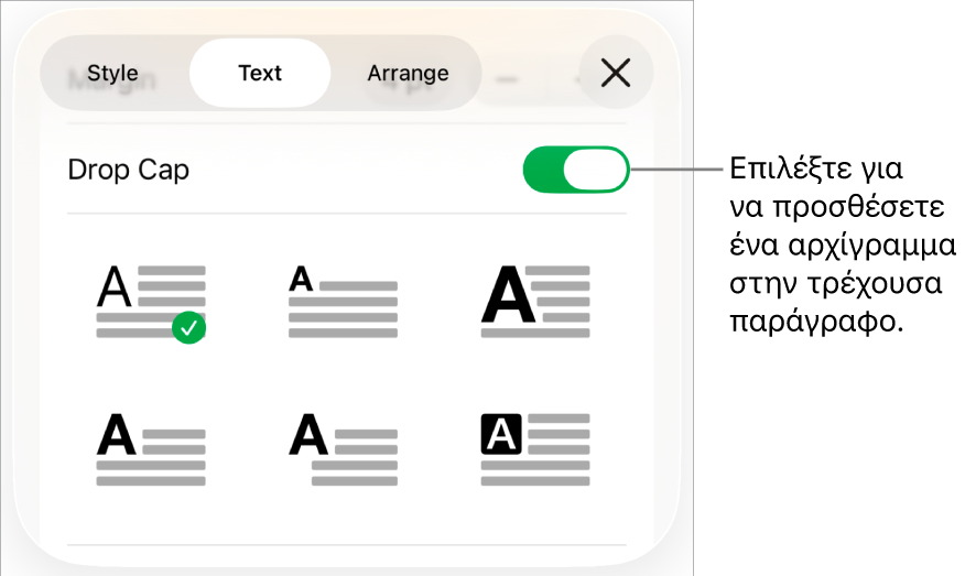 Τα στοιχεία ελέγχου αρχιγράμματος βρίσκονται στο μενού «Κείμενο».