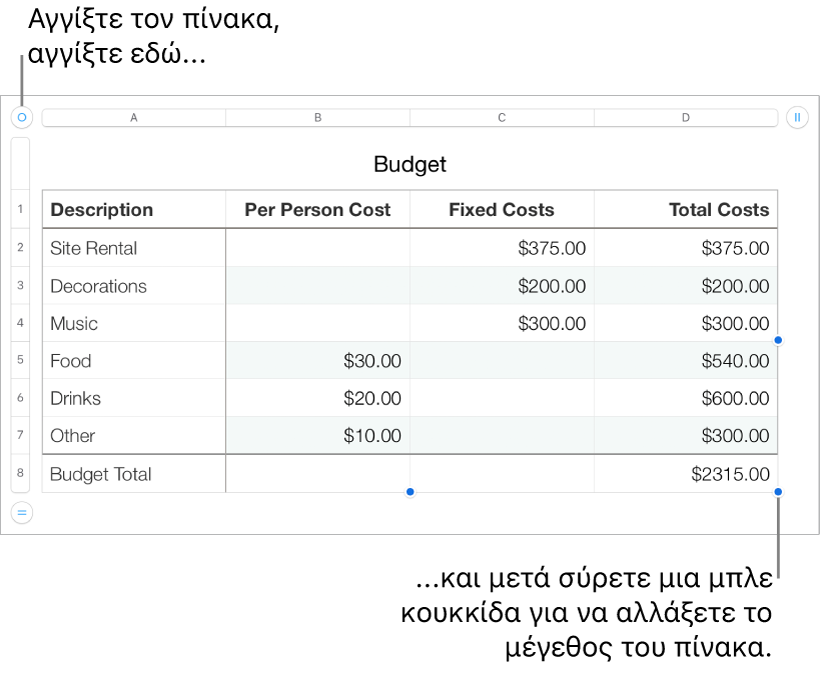 Επιλεγμένος πίνακας με μπλε κουκκίδες για αλλαγή μεγέθους.