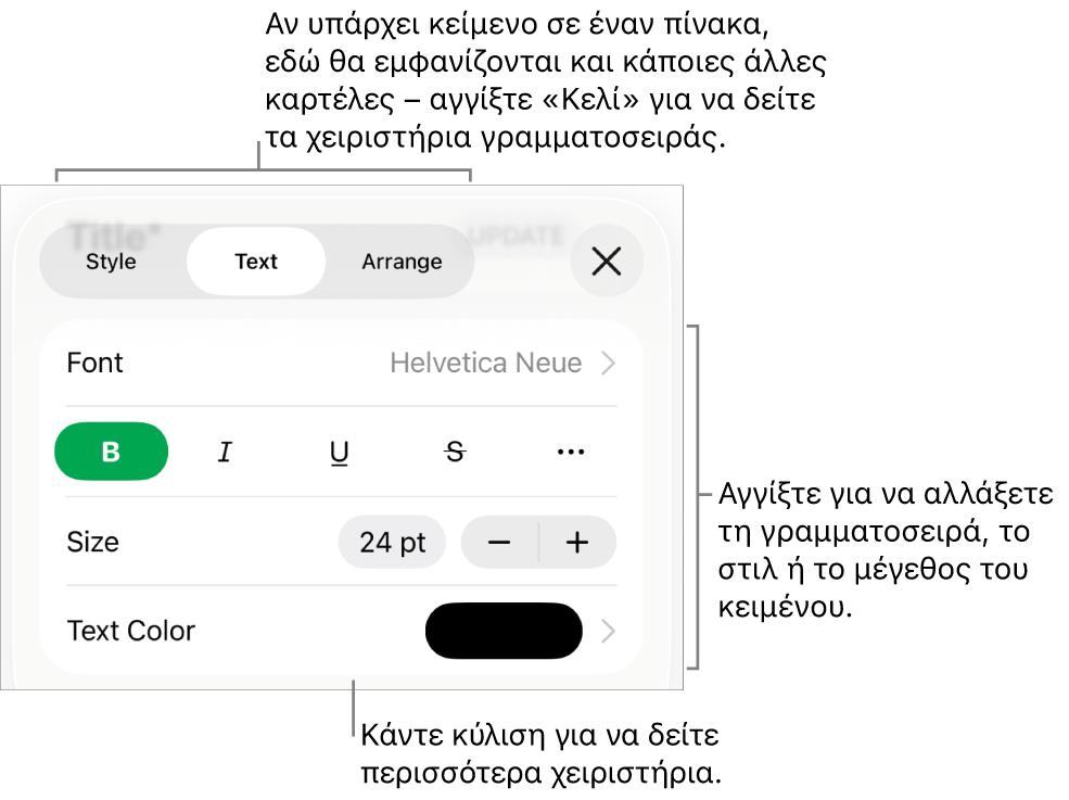 Στοιχεία ελέγχου κειμένου στο μενού «Μορφή» για τον καθορισμό στιλ παραγράφων και χαρακτήρων, γραμματοσειράς, μεγέθους και κειμένου.