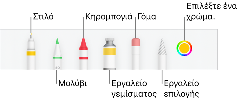 Η γραμμή εργαλείων σχεδίασης στο Numbers σε iPhone με στιλό, μολύβι, κηρομπογιά, εργαλείο γεμίσματος, γόμα, εργαλείο επιλογής και μια παλέτα χρωμάτων όπου εμφανίζεται το τρέχον χρώμα.