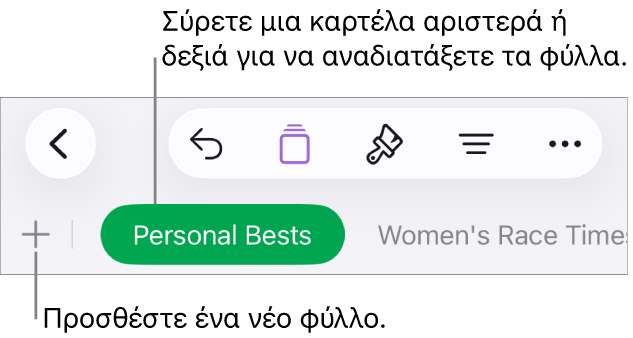 Η γραμμή καρτελών για προσθήκη νέου φύλλου, πλοήγηση, αναδιάταξη και αναδιοργάνωση φύλλων.
