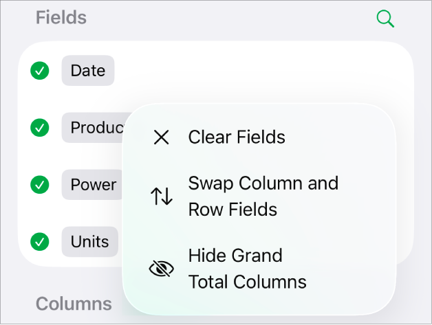 The More Field Options menu, showing the controls to hide grand totals, swap column and row fields and clear fields.