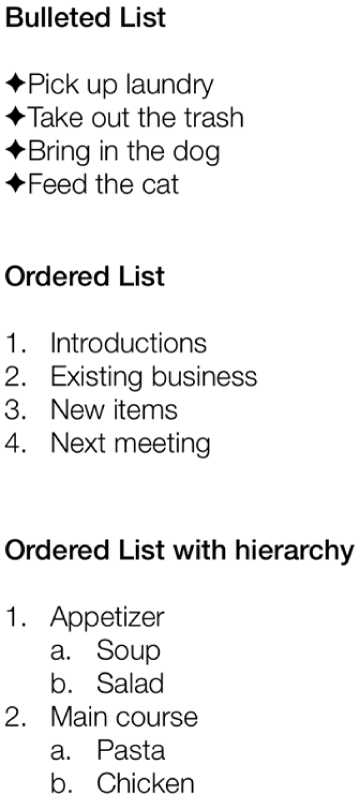 Examples of bulleted, ordered and ordered with hierarchy lists.