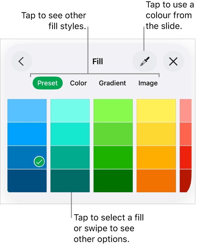 Fill options in the Style tab of the Format button.