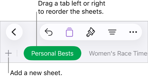 The tab bar for adding a new sheet, navigating, reordering and reorganising sheets.