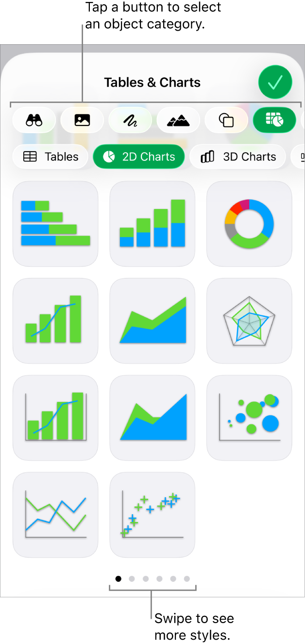 The controls for adding an object, with buttons at the top to select tables, graphs, shapes (including lines and text boxes), and media.