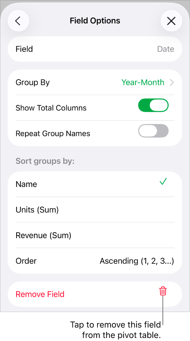 The Field Options menu, showing the controls for grouping and sorting data, as well as the option to remove a field.