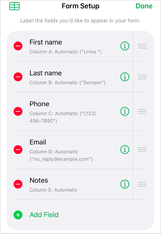 Form set-up controls, showing options to add, edit, reorder and delete fields, as well as to change the format of fields (such as from Text to Percentage).