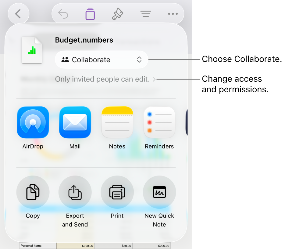 The Share menu with Collaborate selected at the top, and access and permission settings underneath.