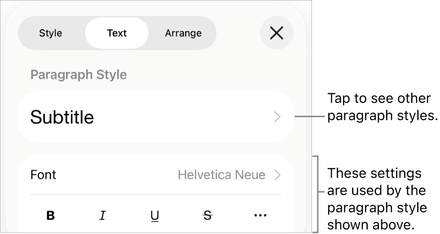 The Format menu showing text controls for setting paragraph and character styles, font, size and colour.