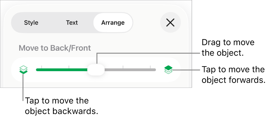 The Move Backward button, the Move Forward button and the layering slider.