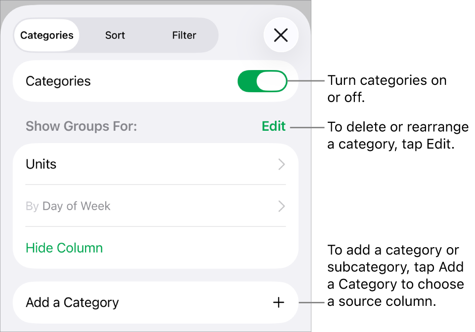 The Categories menu for iPhone with options for turning categories off, deleting categories, regrouping data, hiding a source column, and adding categories.