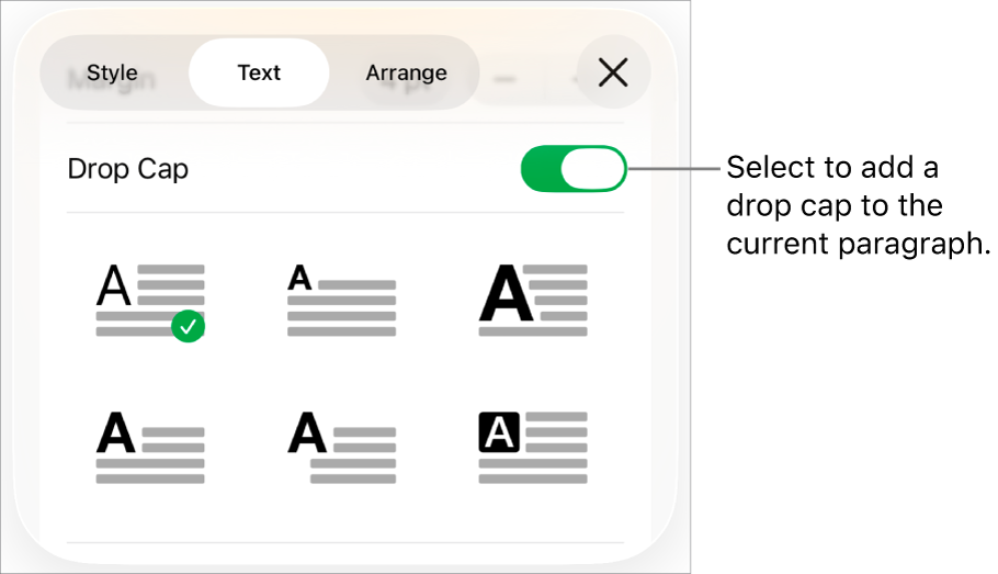 The Drop Cap controls located in the Text menu.