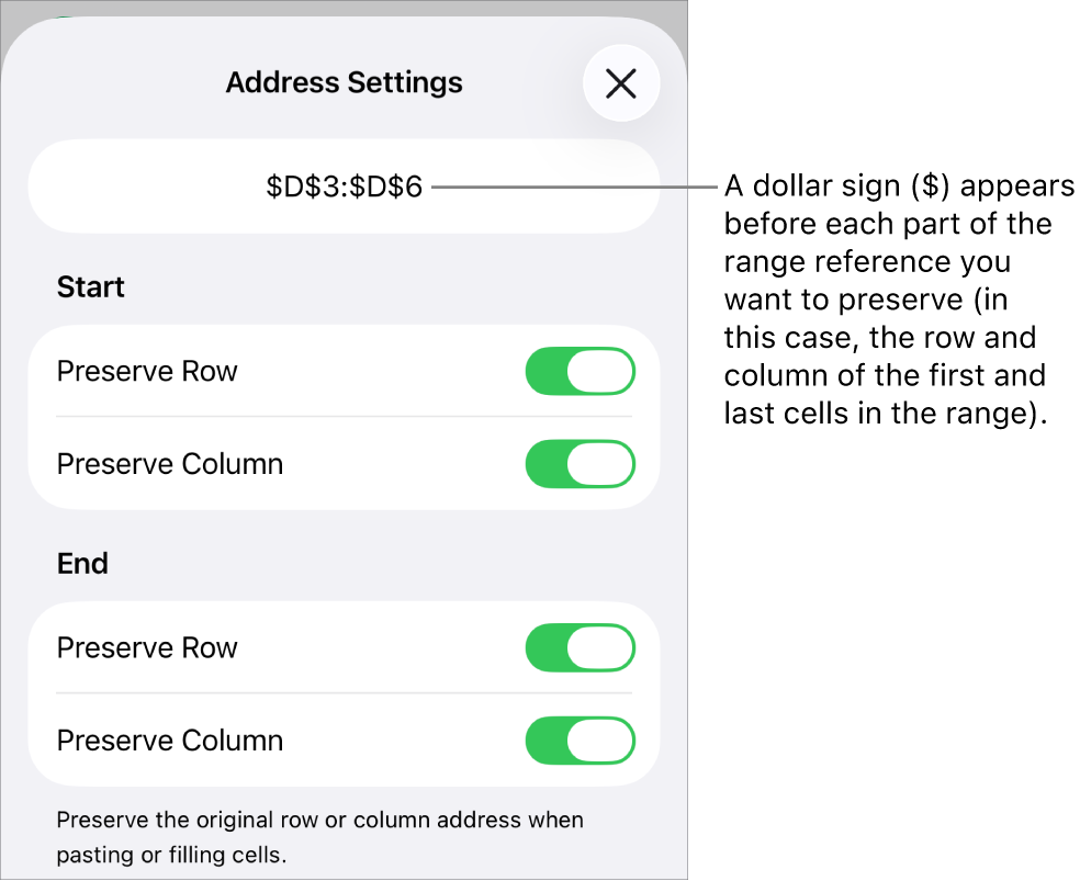 The controls for specifying which of a cell’s row and column references should be preserved if the cell is moved or copied. A dollar sign appears before each part of the range reference you want to preserve.