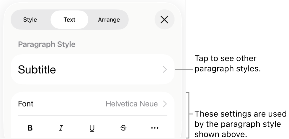 The Format menu showing text controls for setting paragraph and character styles, font, size and colour.