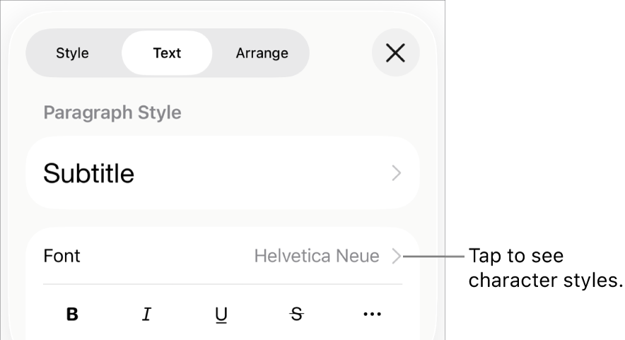 The Format controls with paragraph styles at the top, then Font controls. Below Font are the Bold, Italic, Underline, Strikethrough and More Text Options buttons.