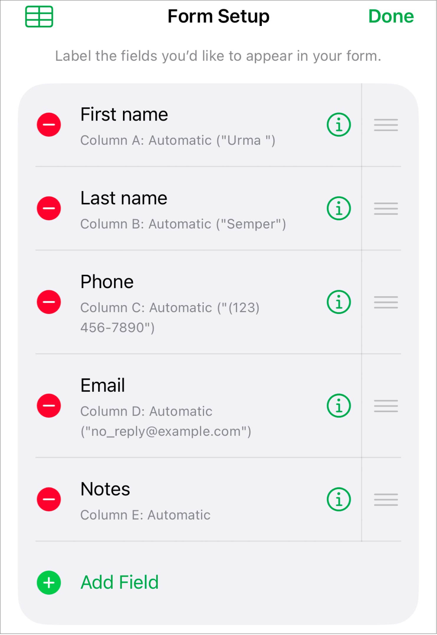 Form setup controls, showing options to add, edit, reorder and delete fields, as well as to change the format of fields (such as from Text to Percentage).