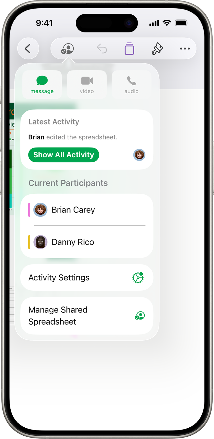 The collaboration menu showing the names of people collaborating on the spreadsheet.