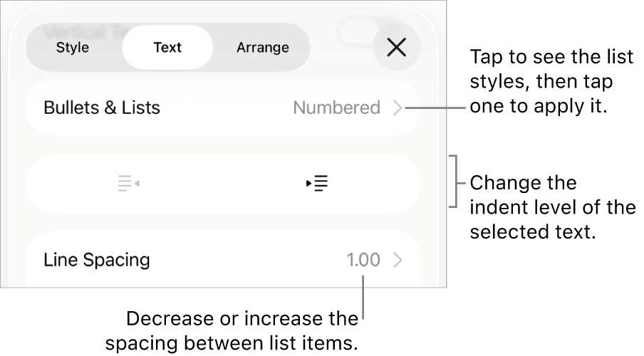 The Bullets & Lists section of the Format controls with callouts to Bullets & Lists, outdent and indent buttons, and line spacing controls.