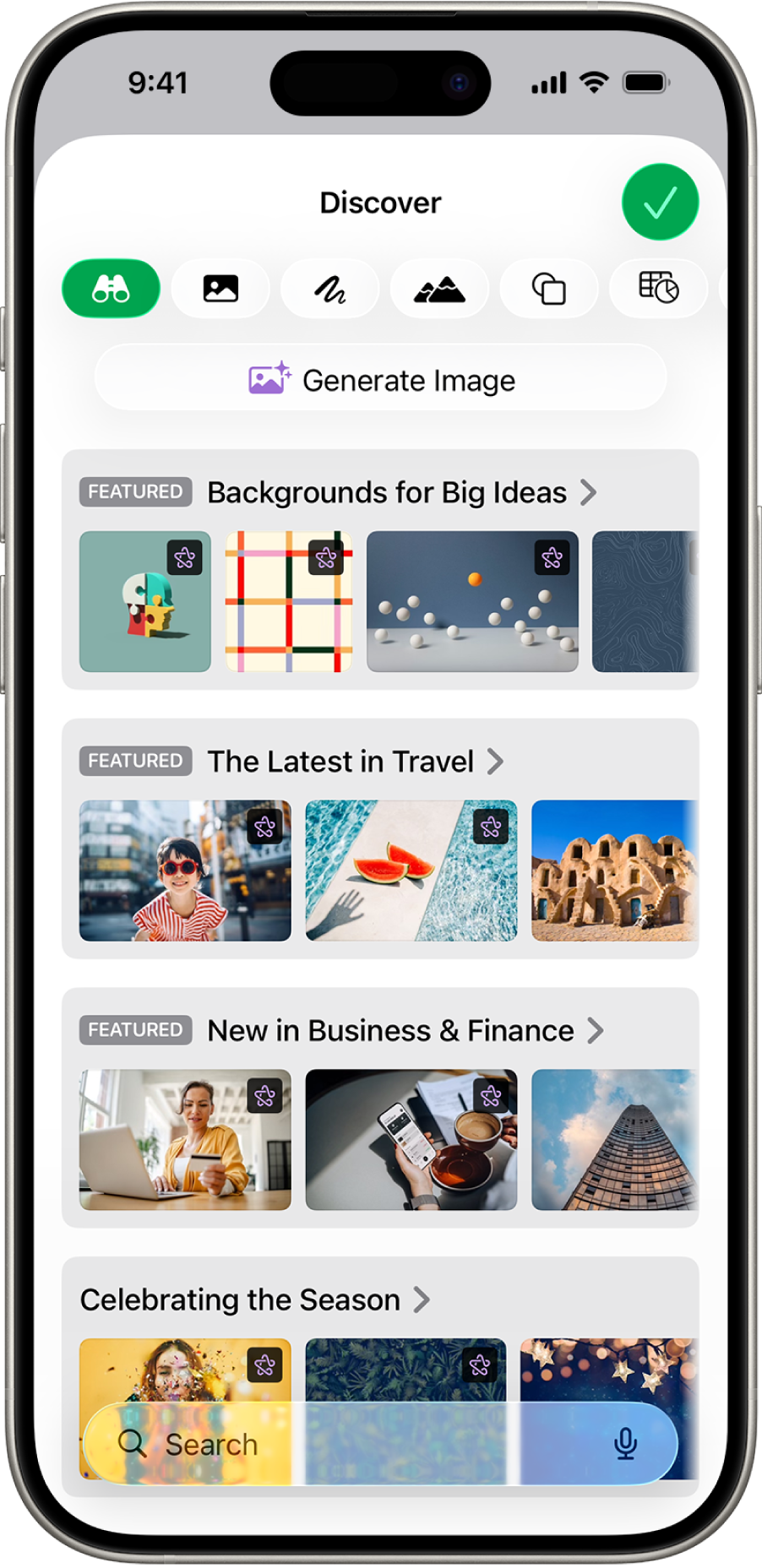 The Discover category of the Content Hub showing options to generate an image or add premium images to a spreadsheet.
