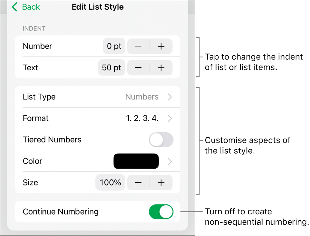 Edit List Style menu with controls for indent spacing, list type and format, tiered numbers, list colour and size, and continued numbering.