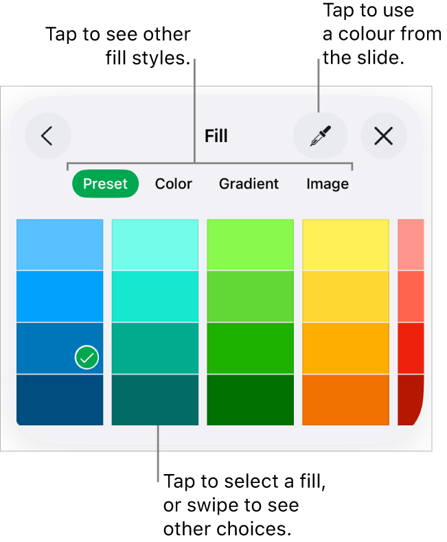 Fill options in the Style tab of the Format button.