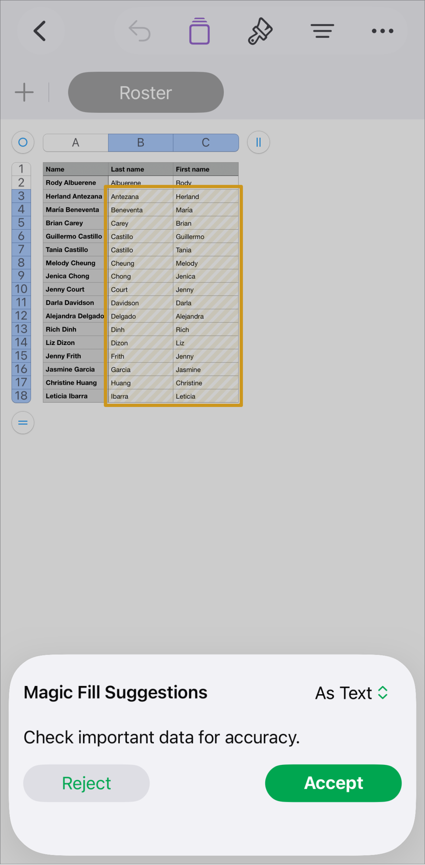 A spreadsheet with highlighted names and a Magic Fill Suggestions pop-up menu to accept or reject them.