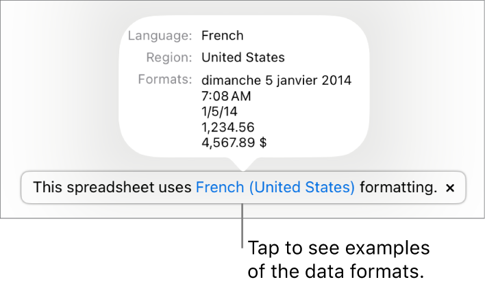 The notification of the different language and region setting, showing examples of the formatting in that language and region.