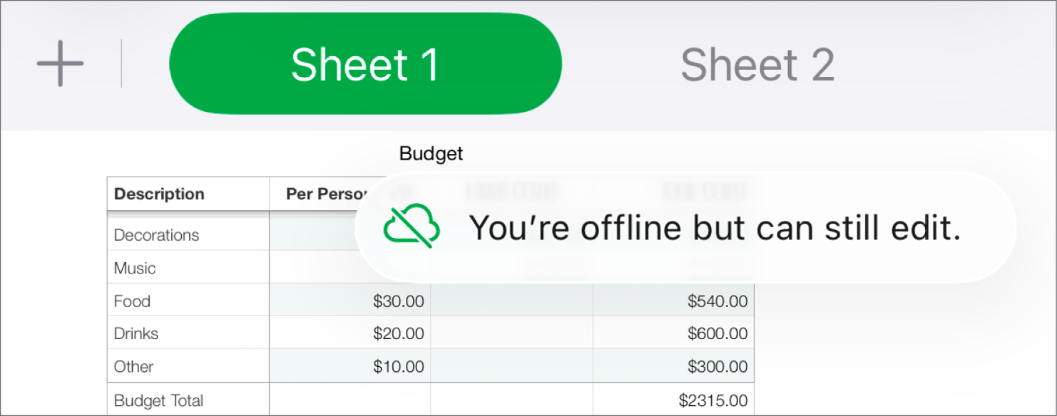 The buttons at the top of the screen, with the Collaboration button changed to a cloud with a diagonal line through it. An alert on the screen says “You’re offline but can still edit”.