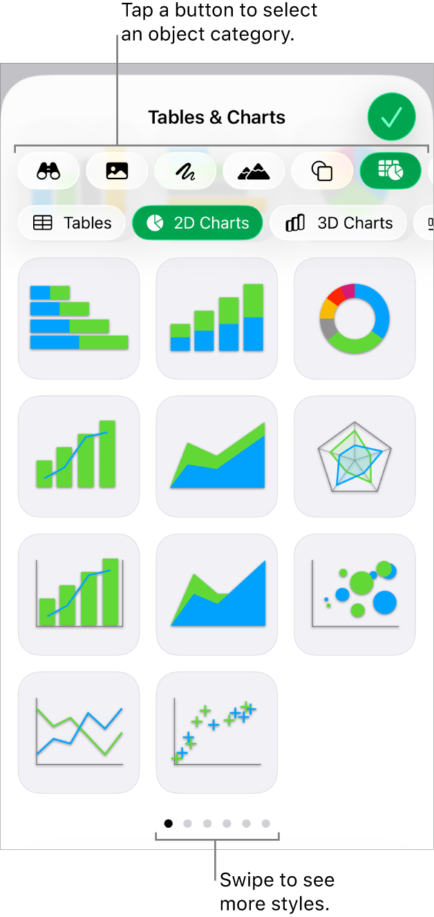 The controls for adding an object, with buttons at the top to choose tables, charts, shapes (including lines and text boxes), and media.