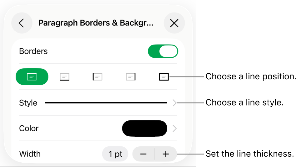 Controls to change the line style, thickness, position, and color.