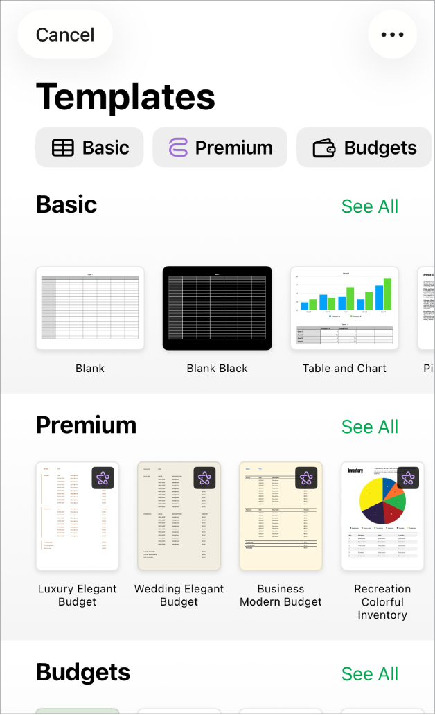 The template chooser, showing a row of categories across the top that you can tap to filter the options. Below are thumbnails of predesigned templates arranged in rows by category.
