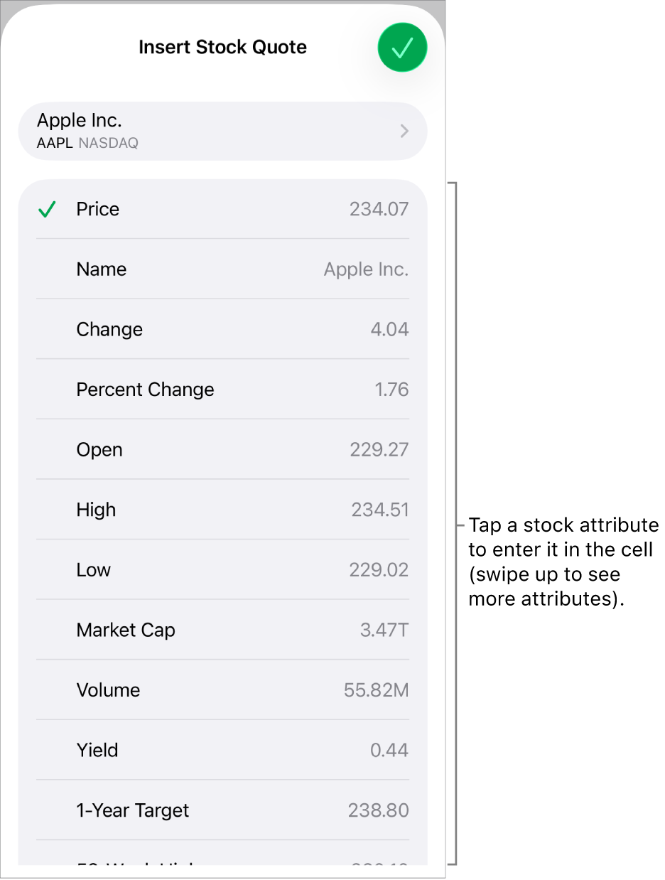 The stock quote popover, with the stock name at the top, and selectable stock attributes including price, name, change, percent change, and open listed below.