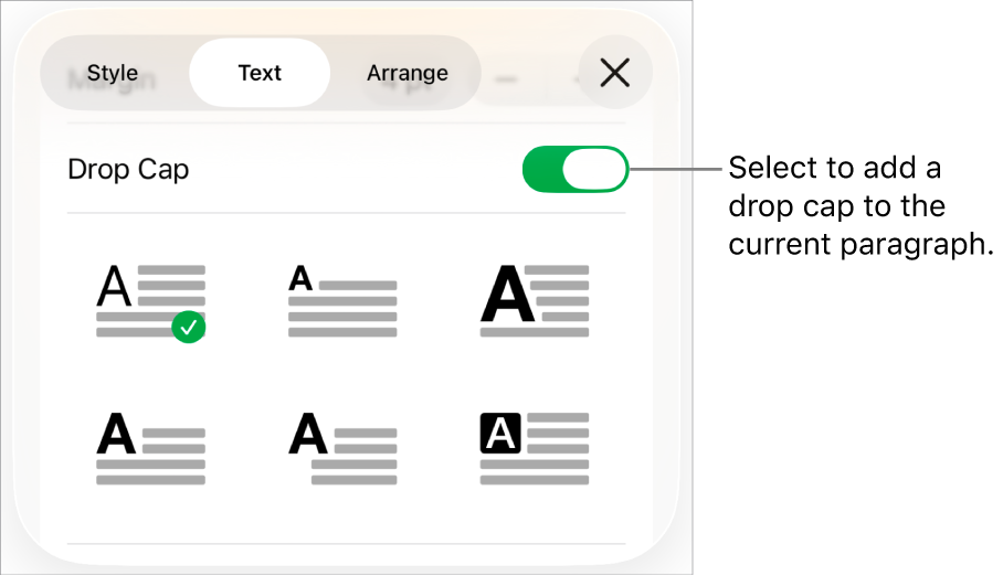 The Drop Cap controls located in the Text menu.