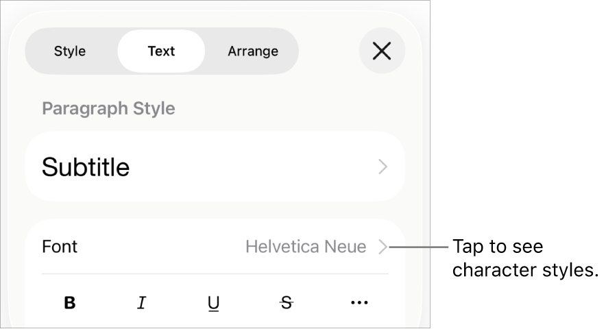 The Format controls with paragraph styles at the top, then Font controls. Below Font are the Bold, Italic, Underline, Strikethrough, and More Text Options buttons.