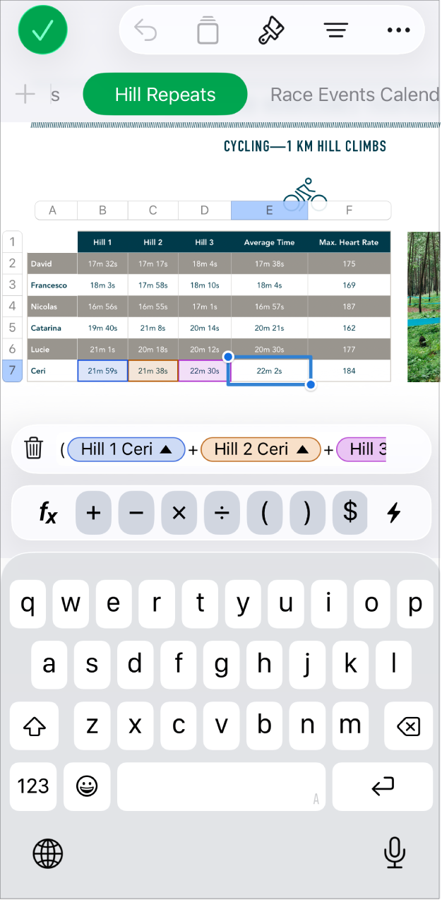 The Numbers window showing a cell selected in a table. The selected cell shows a formula result and values referenced in the formula are highlighted. The bottom of the window shows the full formula and the formula keyboard.