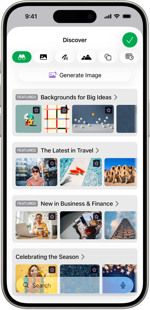 The Discover category of the Content Hub showing options to generate an image or add premium images to a spreadsheet.