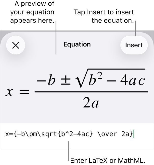 The Equation dialog, showing an equation written using MathML commands, and a preview of the formula above.