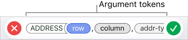The Formula Editor showing a function with argument tokens.