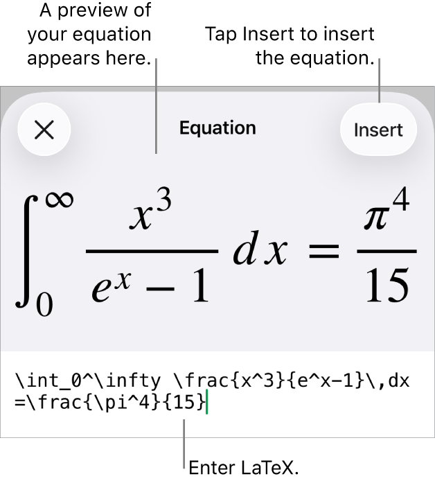 The Equation dialogue, showing an equation written using LaTex commands, and a preview of the formula above.