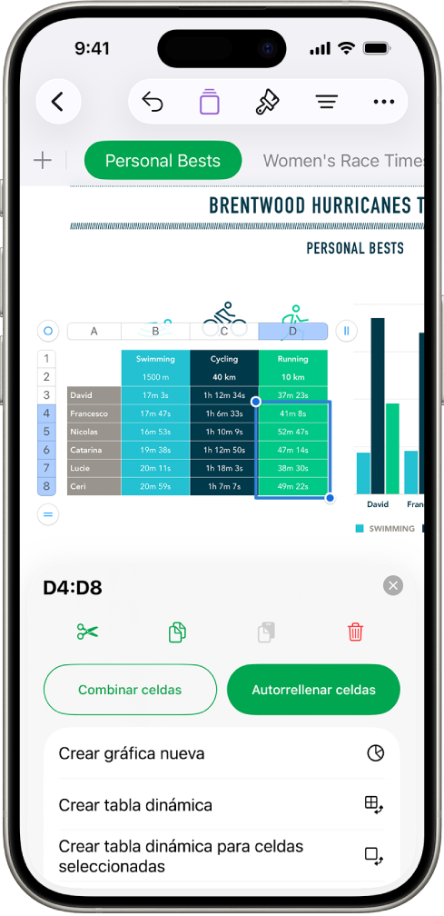 Una hoja de cálculo mostrando una tabla de excursiones de senderismo y la distancia de cada una. El menú Acciones de celda está abierto y muestra opciones para agregar la fecha del día, la hora actual, y para editar la fórmula de la celda seleccionada.